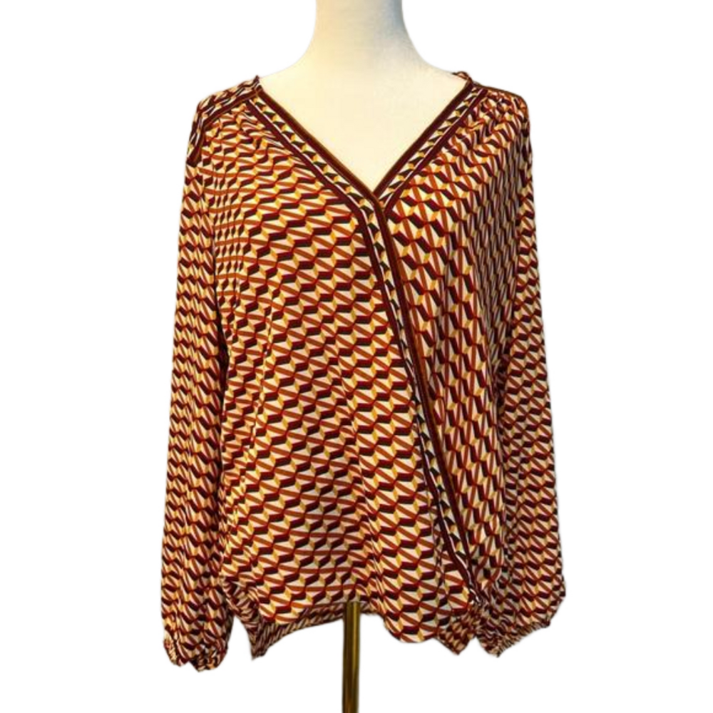 NWOT Max Studio Faux Wrap V Neck Geometric Print Blouse Medium